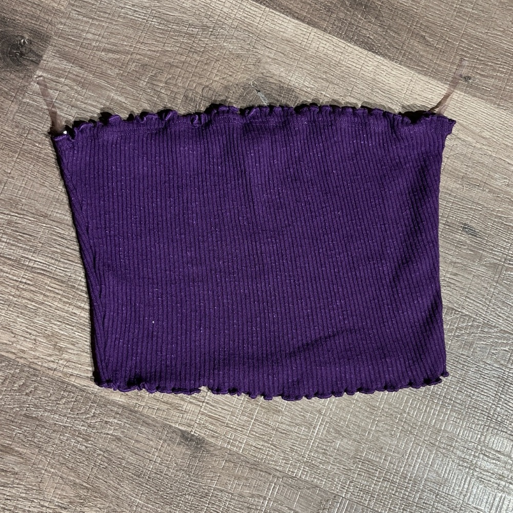 BETTER BE PURPLE RIBBED LETTUCE HEM STRAPLESS BANDEAU TOP